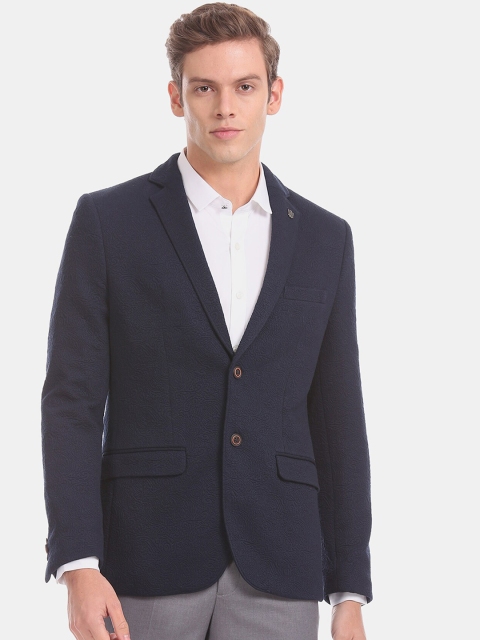 

True Blue Men Navy Blue Solid Single Breasted Slim Fit Party Blazer