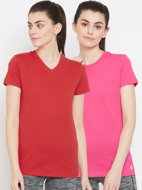 

C9 AIRWEAR Women Pack of 2 Solid V-Neck Cotton T-shirts, Red