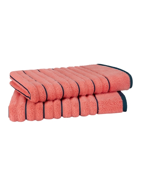

SPACES Set Of 2 Coral Pink & Navy Blue Striped 575 GSM Hand Towels