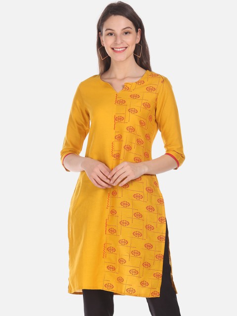 

Karigari Women Mustard Woven Design Straight Kurta