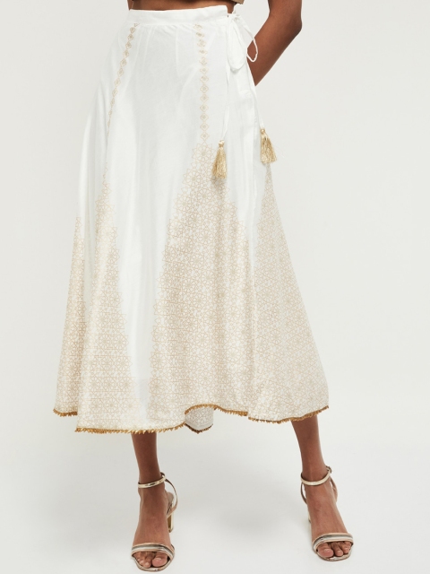 

max Women Cream Gold-Coloured Ethnic Printed Flared Midi Skirt
