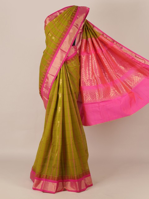 

Pothys Olive Green Checked Silk Cotton Saree