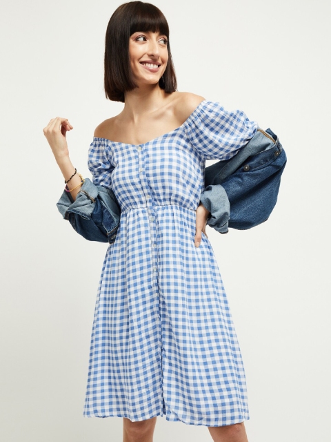 

max Women Blue Checked Fit and Flare Dress