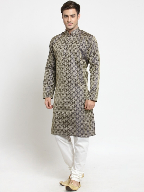 

Jompers Men Navy Blue & Off-White Woven Design Kurta with Churidar