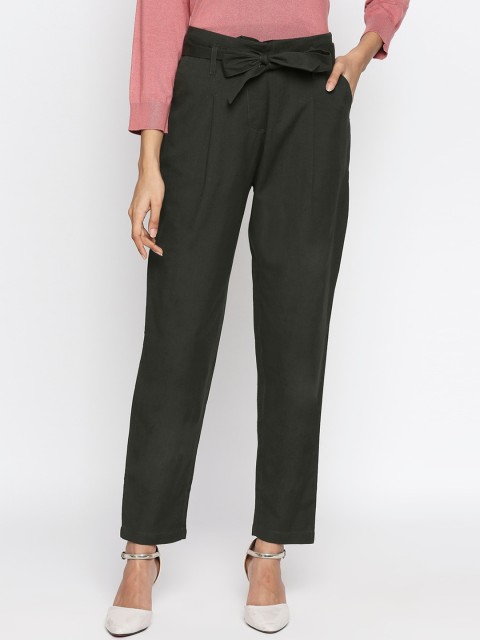 

People Women Olive Green Slim Fit Solid Regular Trousers