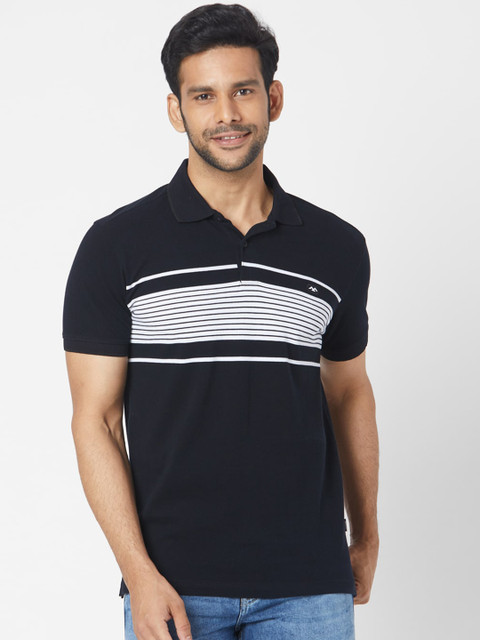 

Mufti Men Black Striped Polo Collar T-shirt