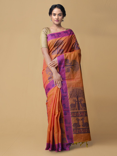 

Unnati Silks Orange Pure Cotton Woven Design Handloom Saree