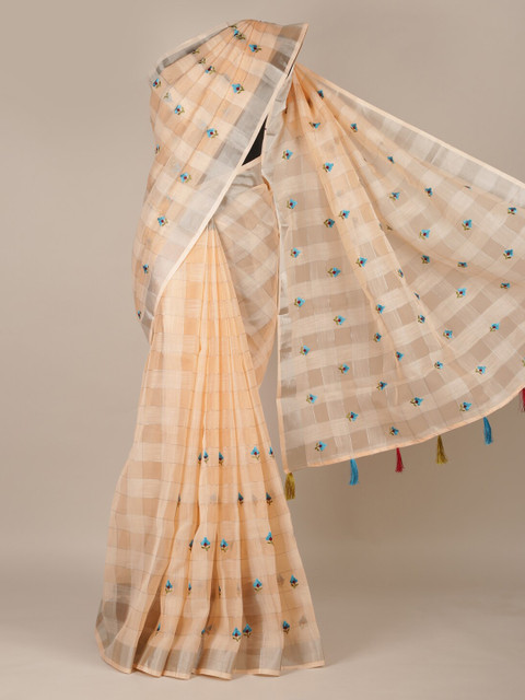 

Pothys Peach-Coloured Embroidered Linen Blend Saree with Jhalar Pallu