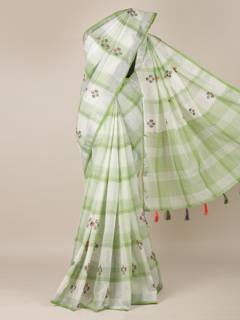 

Pothys Green & White Linen Blend Embroidered Saree with Jhalar Pallu