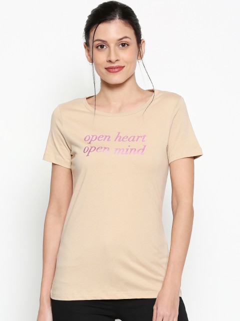 

Honey by Pantaloons Women Beige Printed Cotton Round Neck Pure Cotton T-shirt