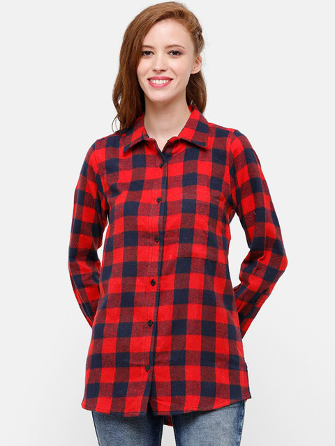 

STROP Women Red Regular Fit Checked Casual Shirt