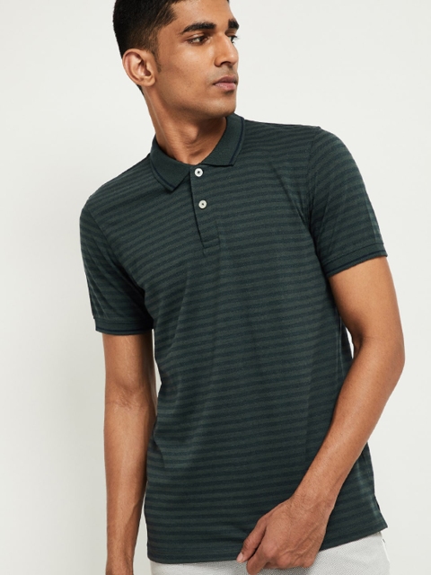 

max Men Green Striped Polo Collar T-shirt