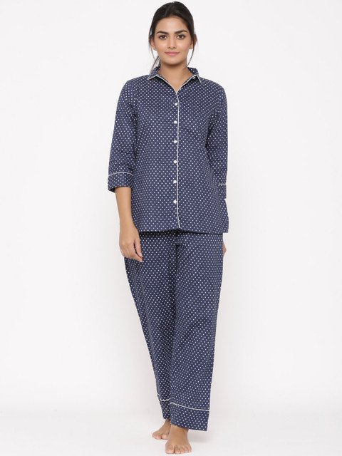 

WomenMagic Women Blue & White Polka Dot Printed Night Suit