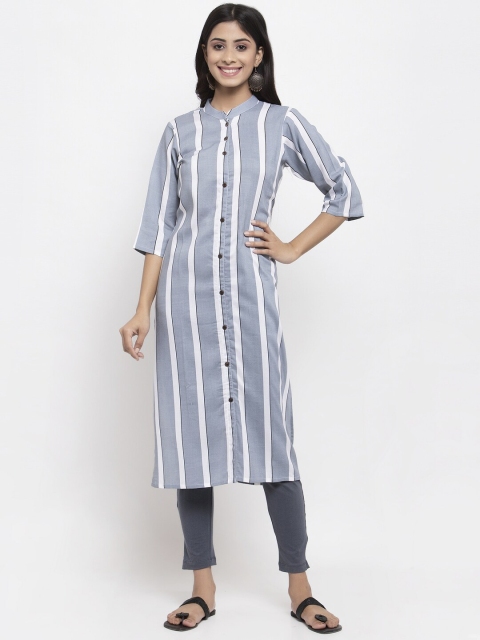 

NEUDIS Women Grey & White Striped Kurta with Trousers