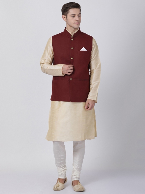 

TABARD Men Beige & Maroon Solid Kurta with Pyjamas & Nehru Jacket
