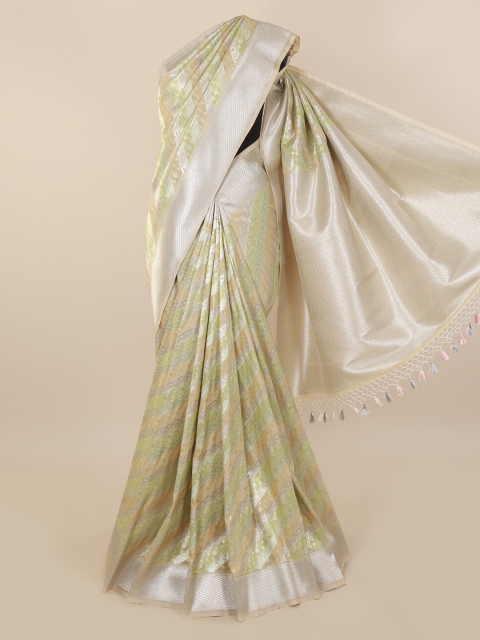 

Pothys Cream-Coloured & Green Pure Silk Woven Design Banarasi Saree