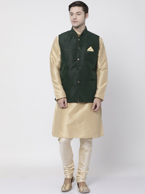 

TABARD Men Beige & Green Solid Kurta with Churidar & Nehru Jacket