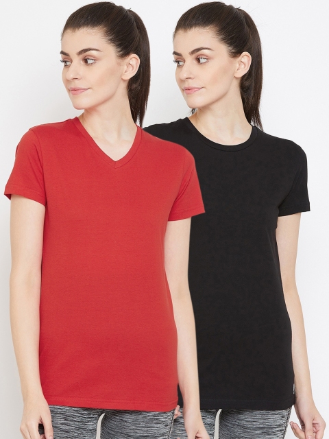 

C9 AIRWEAR Women Pack Of 2 Red Black Solid Cotton V-Neck Pure Cotton T-shirt