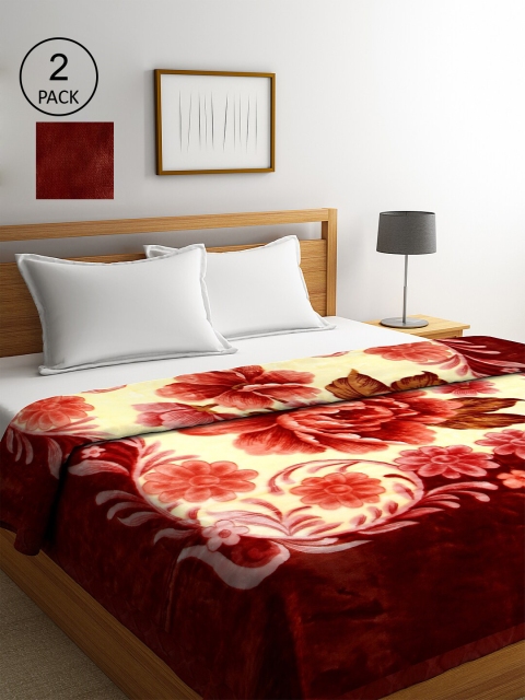 

KLOTTHE Set of 2 Brown & Beige Floral-Printed Heavy Winter 800 GSM Double Bed Blankets