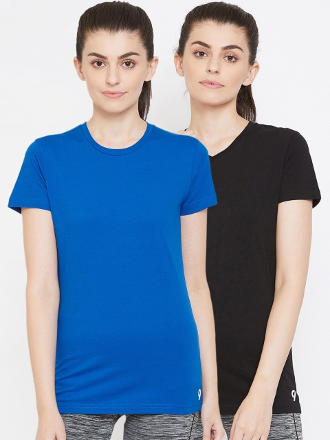 

C9 AIRWEAR Women Pack Of 2 Blue Black Solid Cotton Round Neck Pure Cotton T-shirt