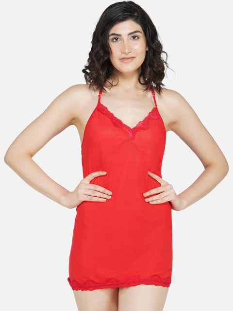 

PHWOAR Women Red Solid Baby Doll