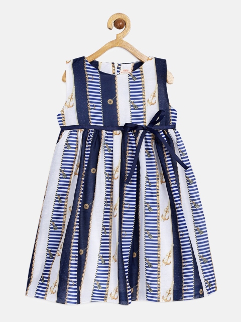 

mini miao Girls Navy Blue & White Printed Fit and Flare Dress
