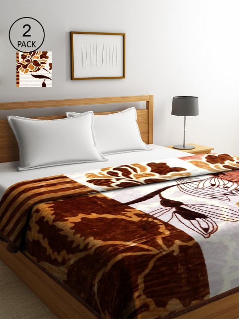 

KLOTTHE Set of 2 Brown & White Floral Double King Size Heavy Winter 800 GSM Bed Blanket