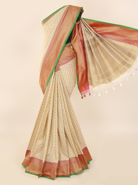 

Pothys Cream-Coloured & Orange Pure Silk Solid Banarasi Saree