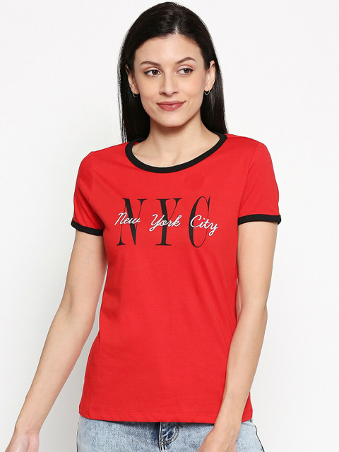 

Honey by Pantaloons Women Red Printed Round Neck Pure Cotton T-shirt