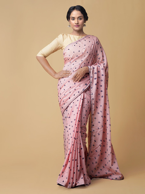 

Unnati Silks Pink Silk Cotton Printed Bandhani Saree