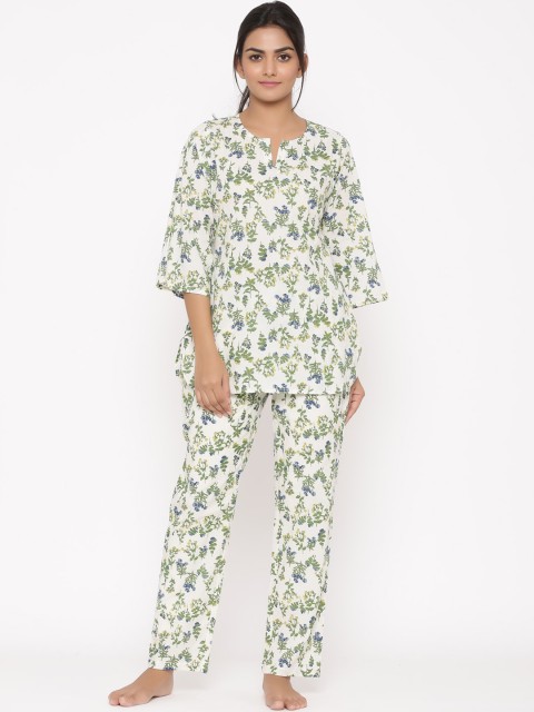

WomenMagic Women White & Green Printed Night Suit