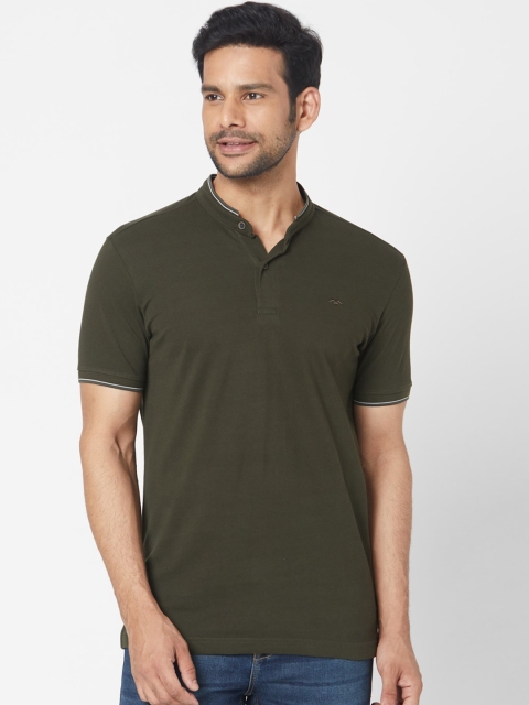 

Mufti Men Olive Green Solid Mandarin Collar Pure Cotton T-shirt
