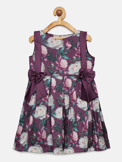 

mini miao Girls Purple Floral Printed Fit and Flare Dress