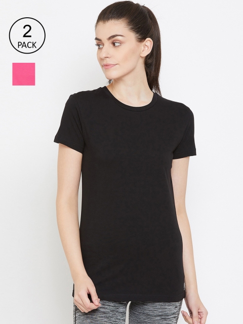 

C9 AIRWEAR Women Pack Of 2 Solid Round Neck Pure Cotton T-shirts, Black