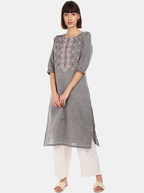 

Karigari Women Grey Embroidered Straight Kurta