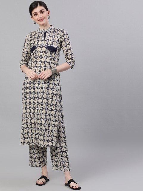 

Nayo Women Cream-Coloured & Navy Blue Printed Kurta with Palazzos