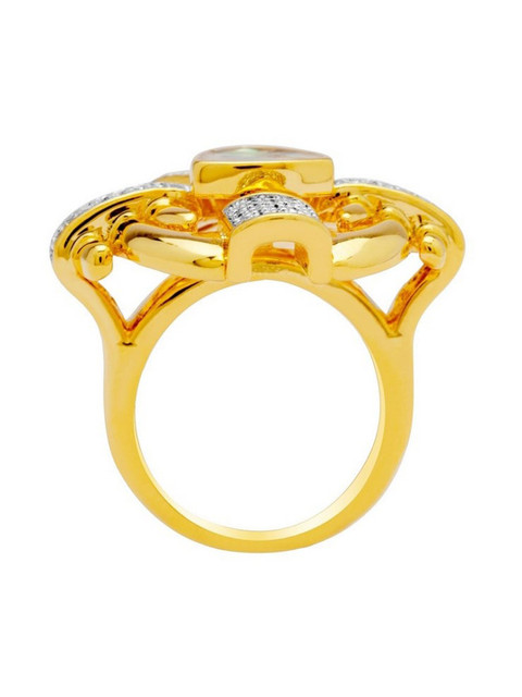 

shaze Rhodium-Plated Gold-Toned & White Stone-Studded Insignia Finger Ring