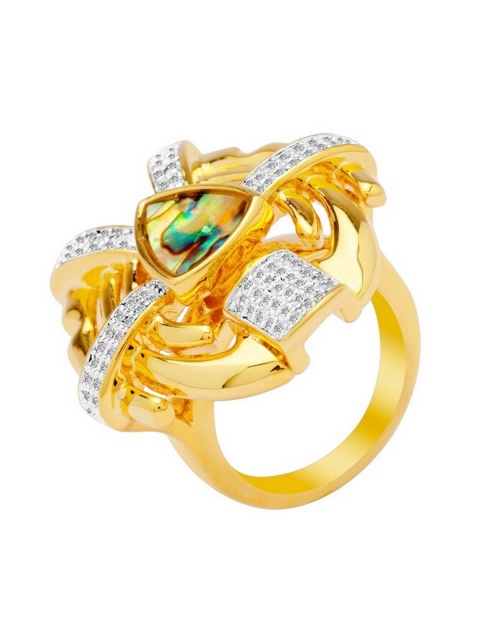 

shaze Rhodium-Plated Gold-Toned & White Stone-Studded Insignia Finger Ring