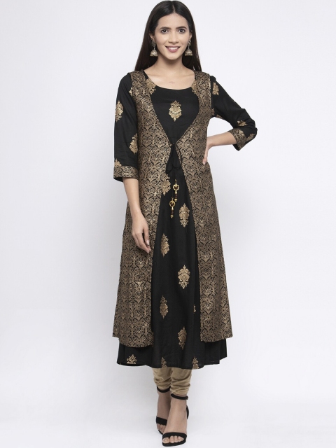 

Kiaasa Women Black & Gold-Toned Printed A-Line Kurta With Long Straight Cut Shrug