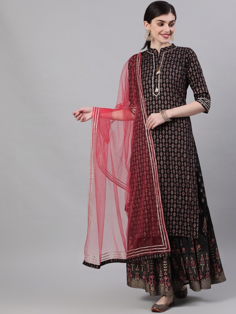 

Nayo Women Black & Red Printed Kurta with Skirt & Dupatta