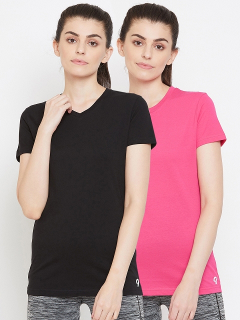 

C9 AIRWEAR Women Pack Of 2 Pink Black Solid Cotton V-Neck Pure Cotton T-shirt