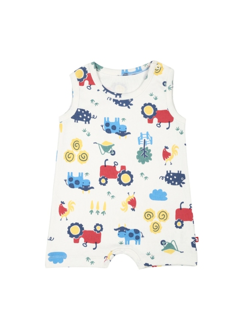 

Nino Bambino Infant Kids White & Blue Printed Pure Organic Cotton Romper