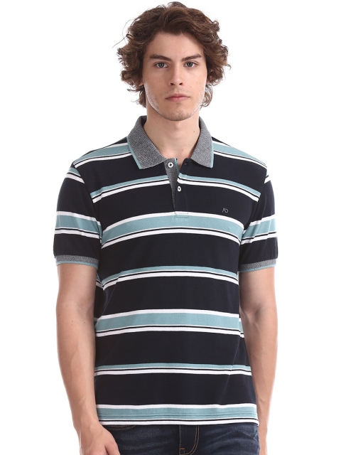 

AD By Arvind Men Blue Striped Polo Collar T-shirt