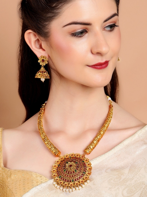

Rubans Gold-Plated Pink & Green Stone-Studded Beaded Handcrafted Jewellery Set
