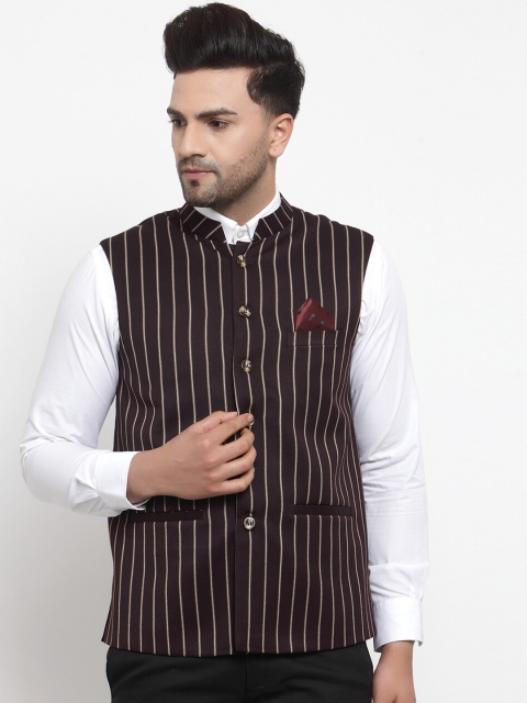 

NEUDIS Men Brown Striped Woven Nehru Jacket