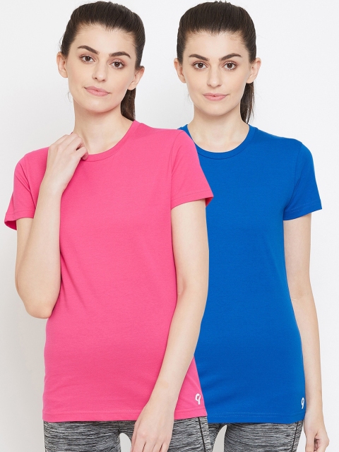

C9 AIRWEAR Women Pack Of 2 Blue Pink Solid Cotton Round Neck Pure Cotton T-shirt