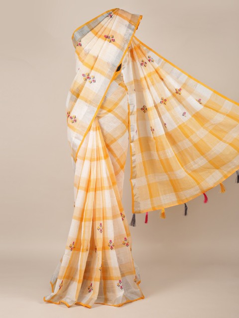 

Pothys Yellow & White Linen Blend Checked Saree