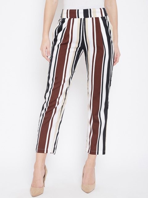 

U&F Women White & Black Tapered Fit Striped Regular Trousers