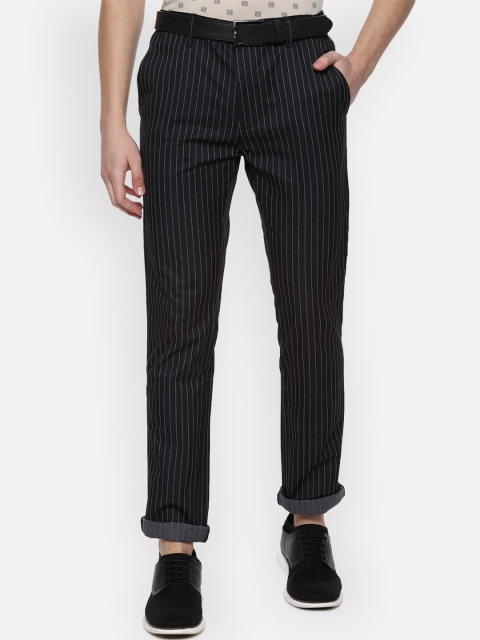 

V Dot Men Black Slim Fit Striped Regular Trousers