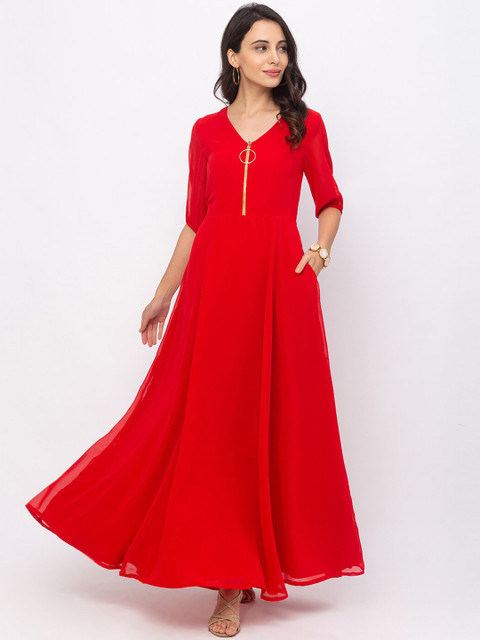 

Iti Women Red Solid Maxi Dress